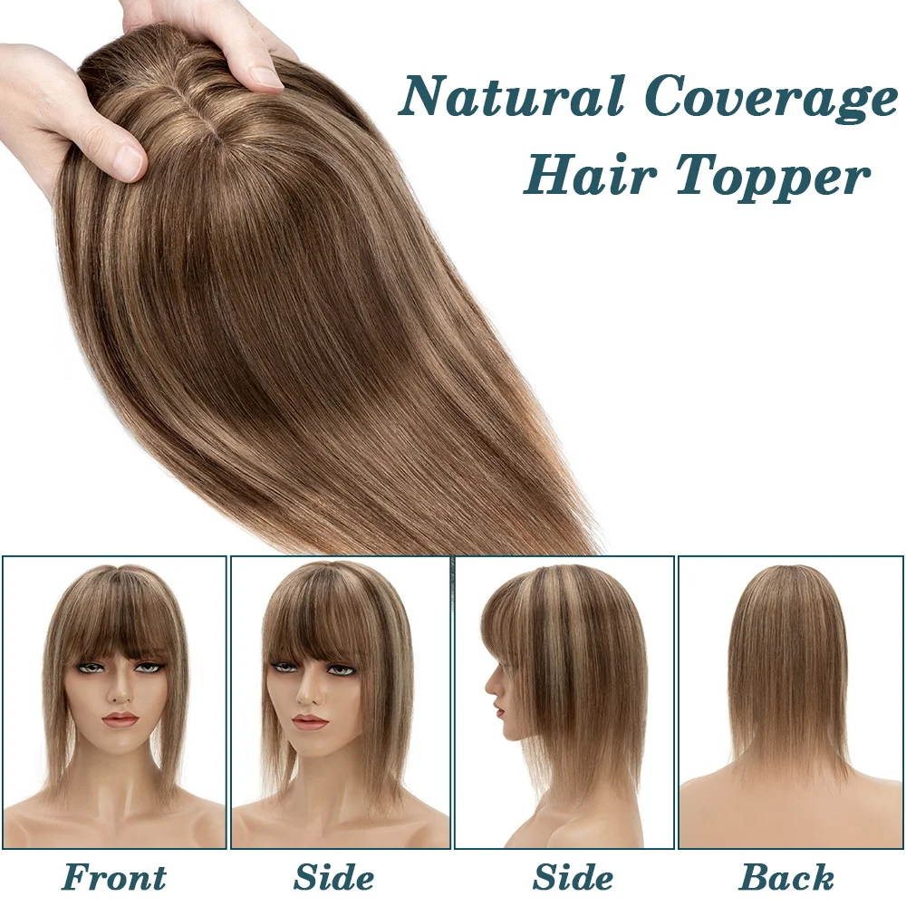 Rich Choices Toppers per capelli per donna Topper per capelli umani veri con frangia Densità 150% 7 * 13 cm Clip con base in seta in pezzi di capelli superiori