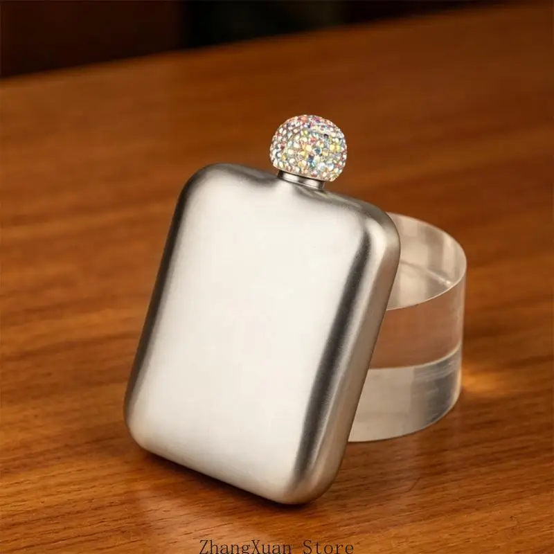 6oz Stainless Steel Square Hip Flask With Leakproof Rhinestones Cap Liquor Bottle For Outdoor Travel And Daily Use 3XUF