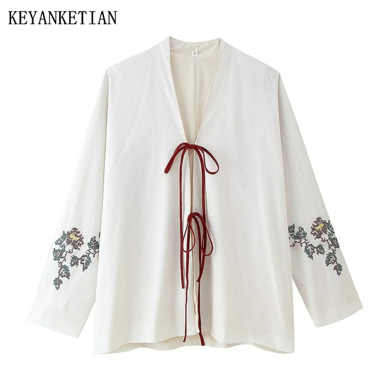 

KEYANKETIAN Spring/Autumn New Retro style Bow Lace Up Decoration Embroidery Kimono Shirt Women's V-Neck Long Sleeve Blouses Top