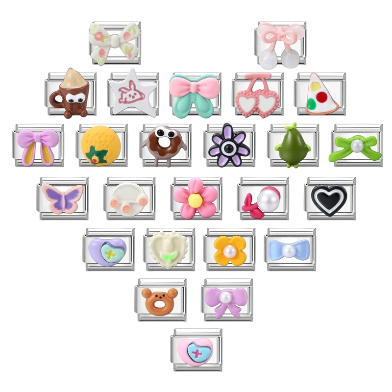 3D Cute Bear Bow Knot Heart Cherry Orange Coffee Italian Charm Links Fit 9MM Stainless Steel Bracelet Women Men DIY Making Gift