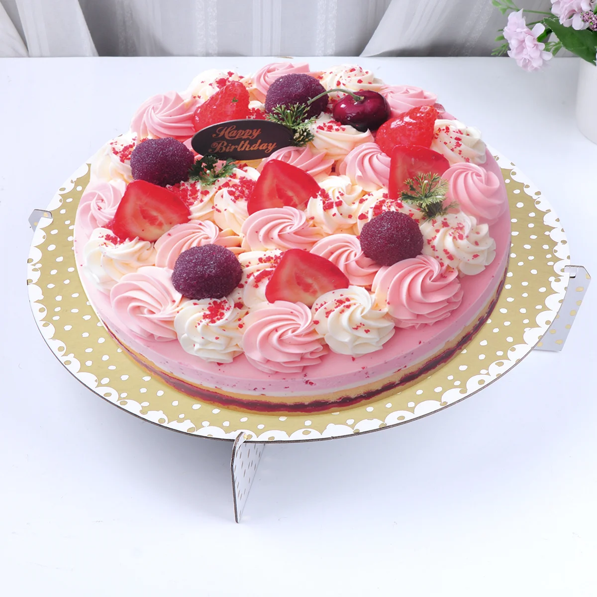 حامل كعك بنمط نقطة ذهبية قابل للطي حامل عرض ورقي مستدير للكب كيك الكعك والحلويات طبقة واحدة علاج للاستعمال مرة واحدة