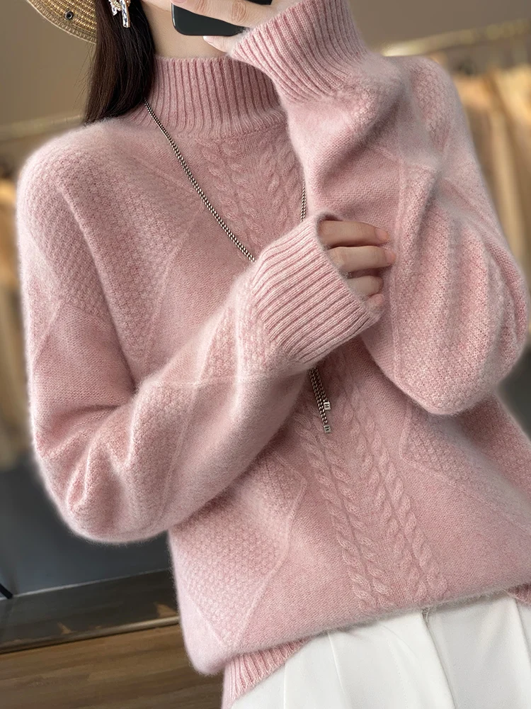 Autumn Winter 2022 New Cashmere Sweater Women\'s Half High Neck Loose Thicken Knit Pullover Slouchy Versatile 100% Woolen Sweater