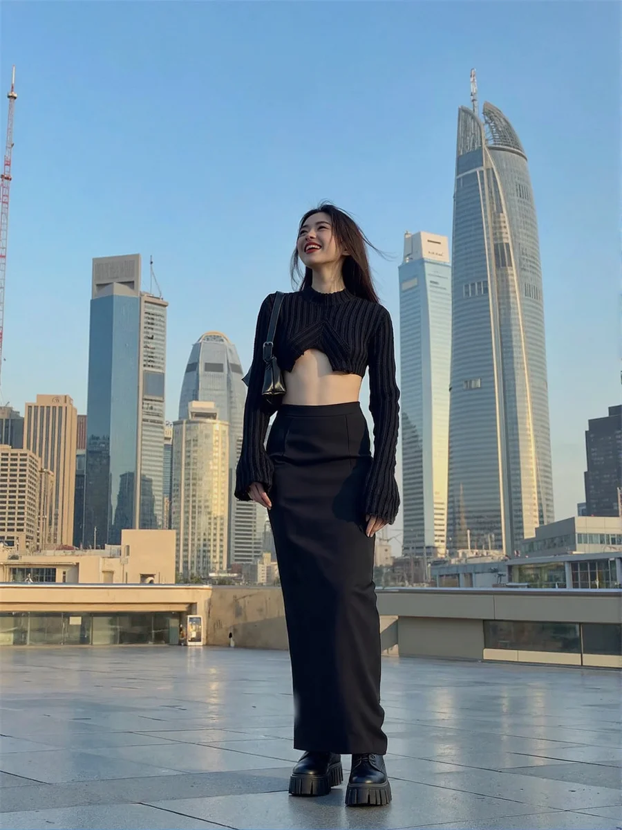 

Women'S Skirts Regular Fit Black Graceful Female Ankle Length Slimming Design Korean Style Basic Temperament Workplace Formal