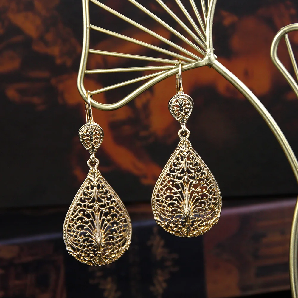 Sunspicems Chic 18k Gold Color Long Women Earring Arabic Jewelry Hollow Tree Style Algeria Morocco Earring French Hook