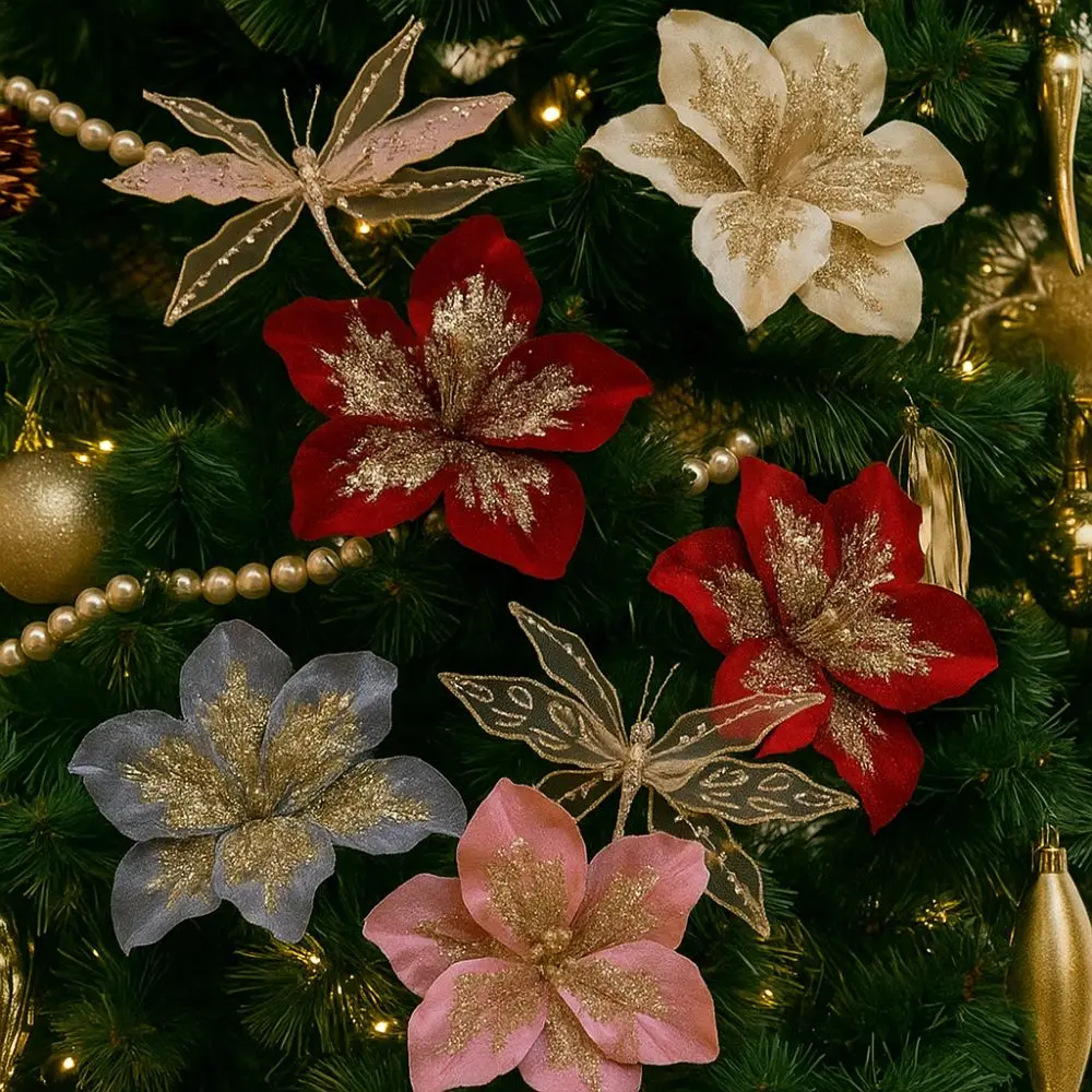 

20cm Artificial Christmas Flower Velvet Glitter Christmas Poinsettia Handmade Hanging Simulation Flower Christmas Tree