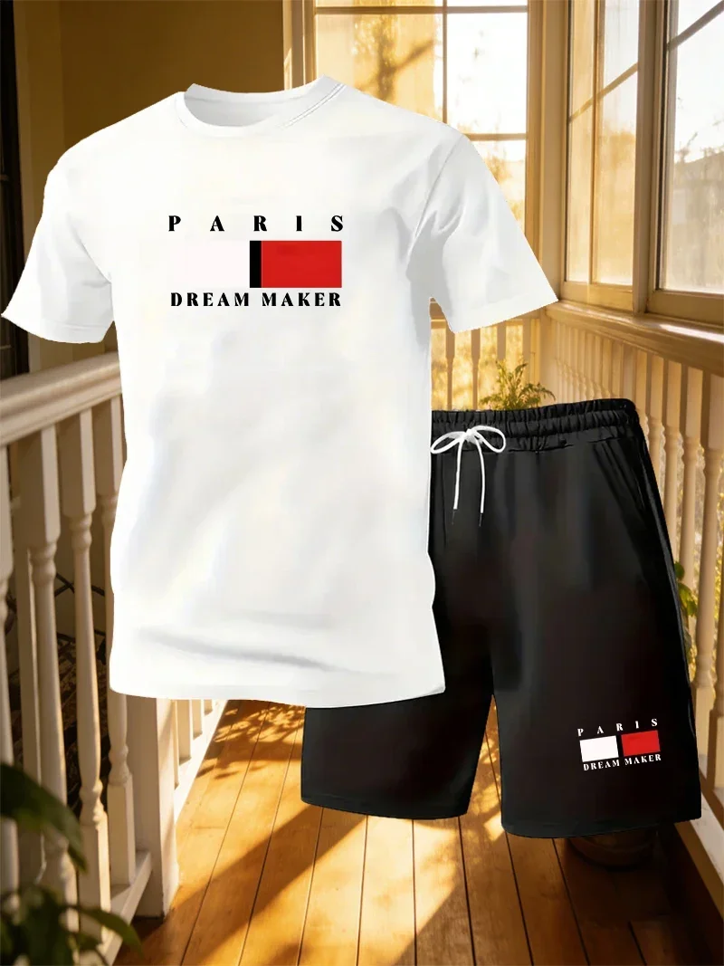 

Men's Paris Printed Short Sleeved Round Neck T-shirt Shorts 2-piece Set, Home Style Loose Casual Suit, Men's Printed Sportswear