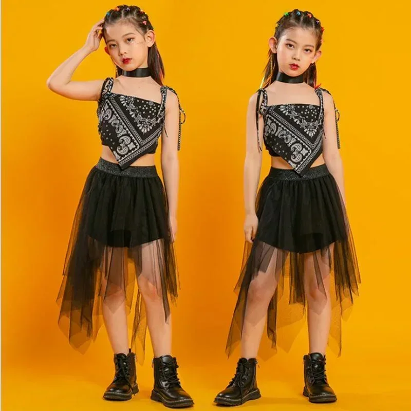 T Shirt Pleated Mesh Skirt Pant For Girls Jazz Dance Costume Set Clothes Punk Hip Hop Clothing Square Neck Puff Sleeve Crop