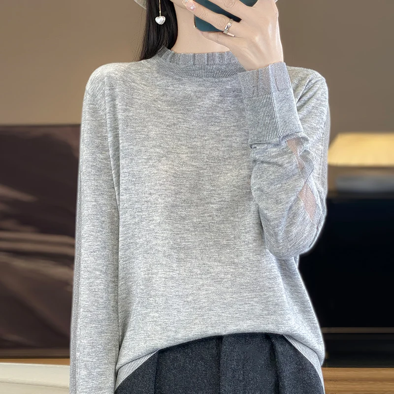 Standing collar knitted sweater, women's long sleeved new spring and autumn style, mesh splicing, versatile base shirt top