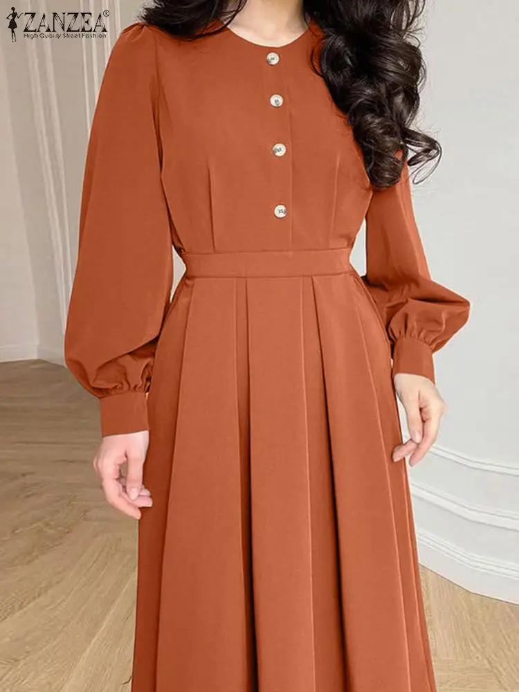 

2024 Spring Lantern Sleeve Midi Robes ZANZEA Elegant Solid Long Dress Women Vintage Pleated Dresses Office Lady Party Vestidos