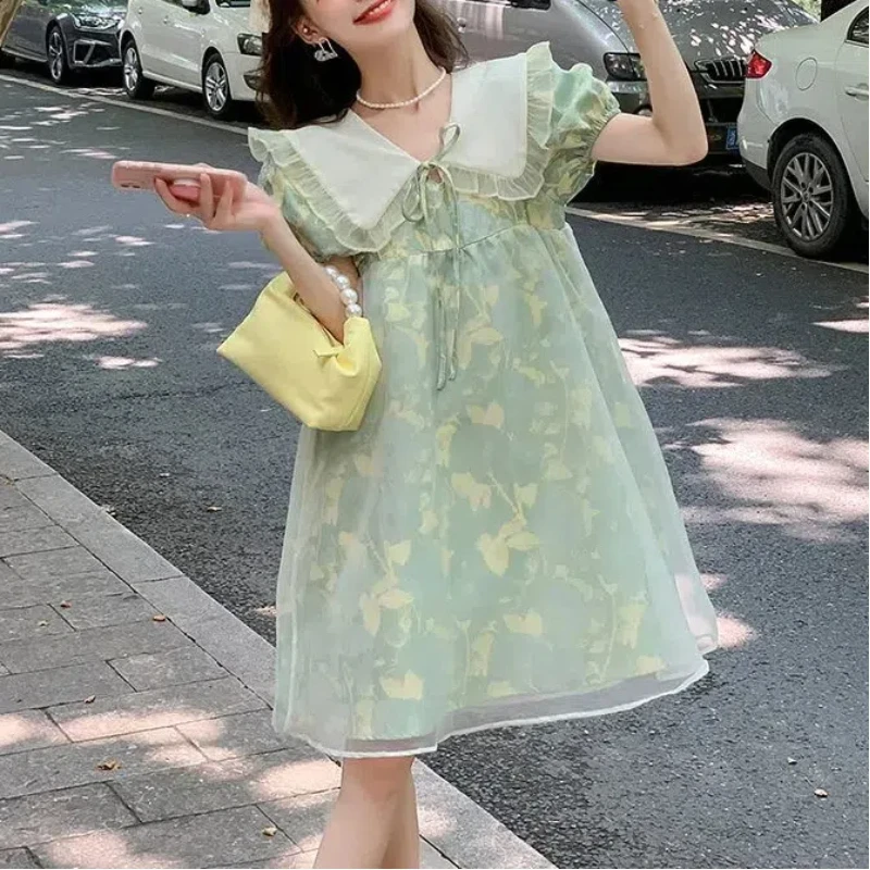 2024 Summer New Women\'s Korean Commute Printed Spliced Peter Pan Collar Drawstring Loose Short Sleeve Sweet Chic A-line Dresses