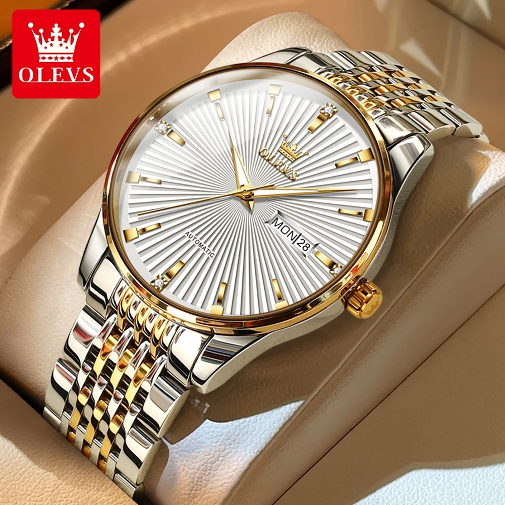 

OLEVS 6653 Automatic Mechanical Watch For Men Dual Calendar Waterproof Luminous Stainless Steel Man Wristwatch Business Watches