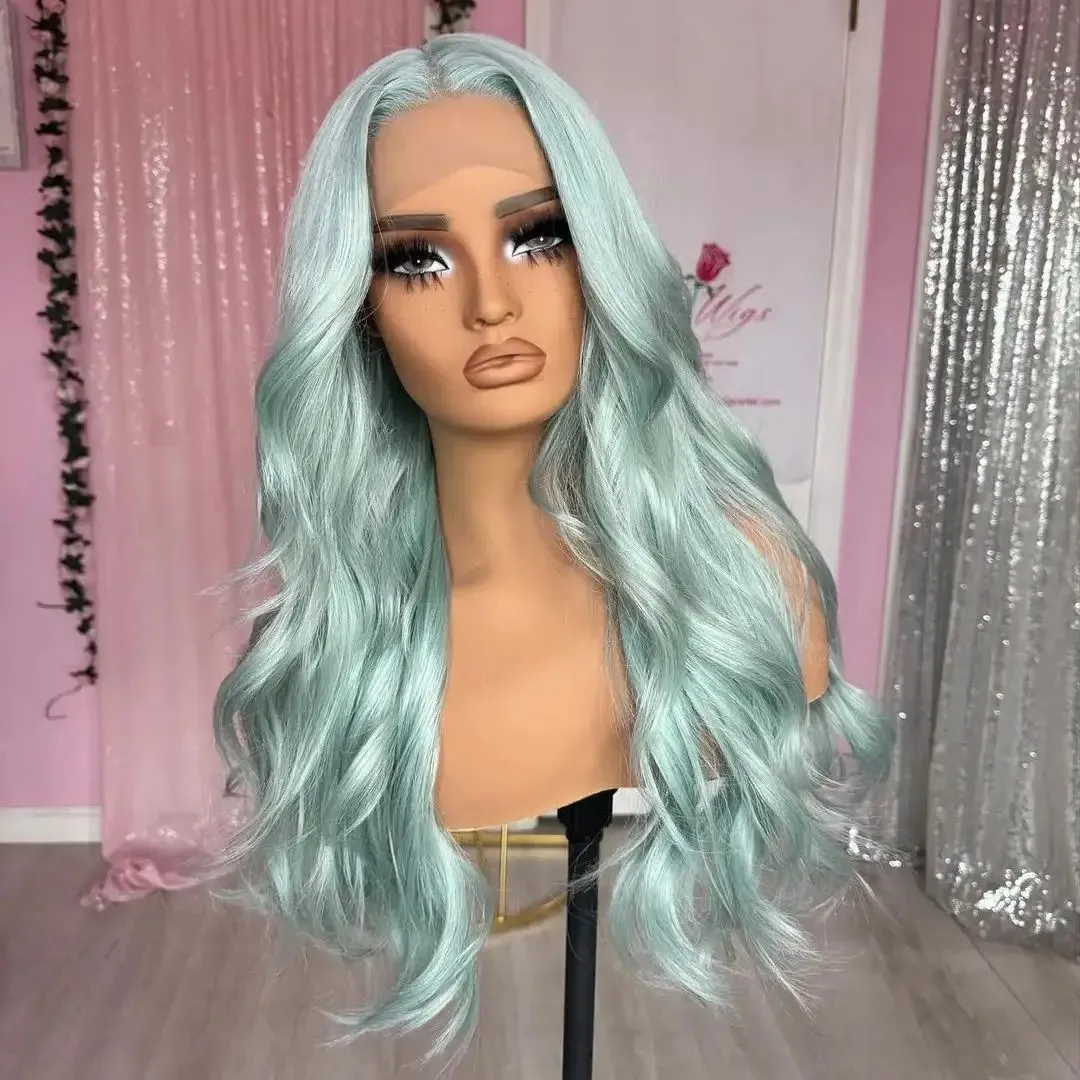 Synthetic Light Green Long Loose Wavy 26Inches Transparent Lace Front Wigs for Black Women Glueless  Cosplay Lolita Wigs