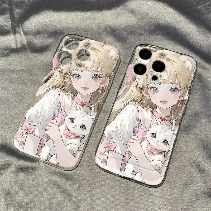 Cartoon Necklace Blonde Girl Cat For iPhone Case 16 15 14 13 12 11 Pro XR XS Max 7 8 Plus Shockproof Phone Y2k Pink Cute Cover