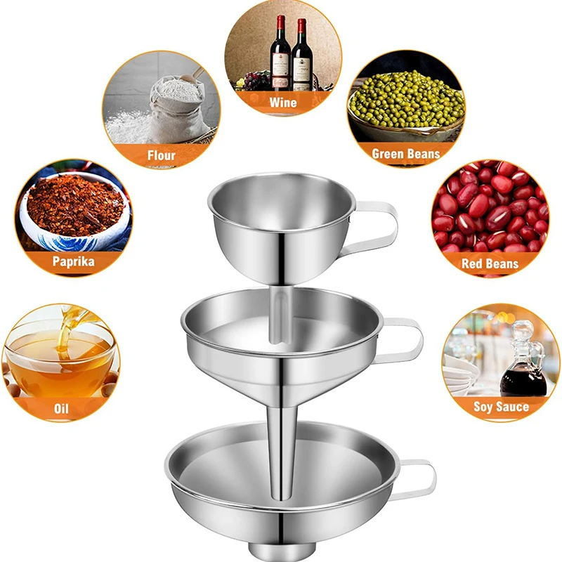 Kitchen Funnel Set 3 Pieces Stainless Steel Funnel Filter Set for Transferring Liquid Liquid Chemical Ingredients Powder