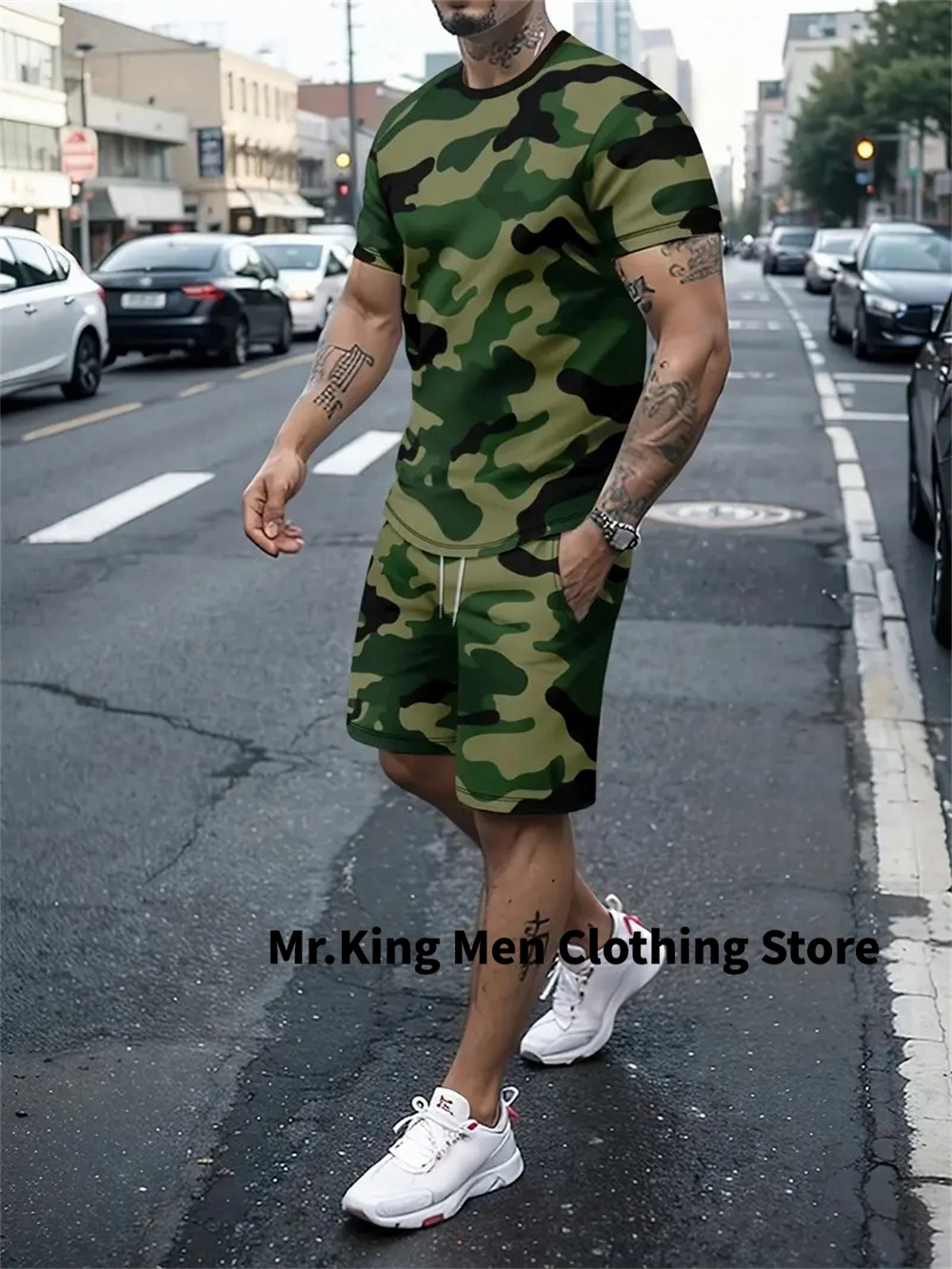 

Summer Men's 3D Camouflage Print T-shirt + Drawstring Shorts Two-piece Casual Outdoor Sports Suit Fashion Streetwear T-shirt Set