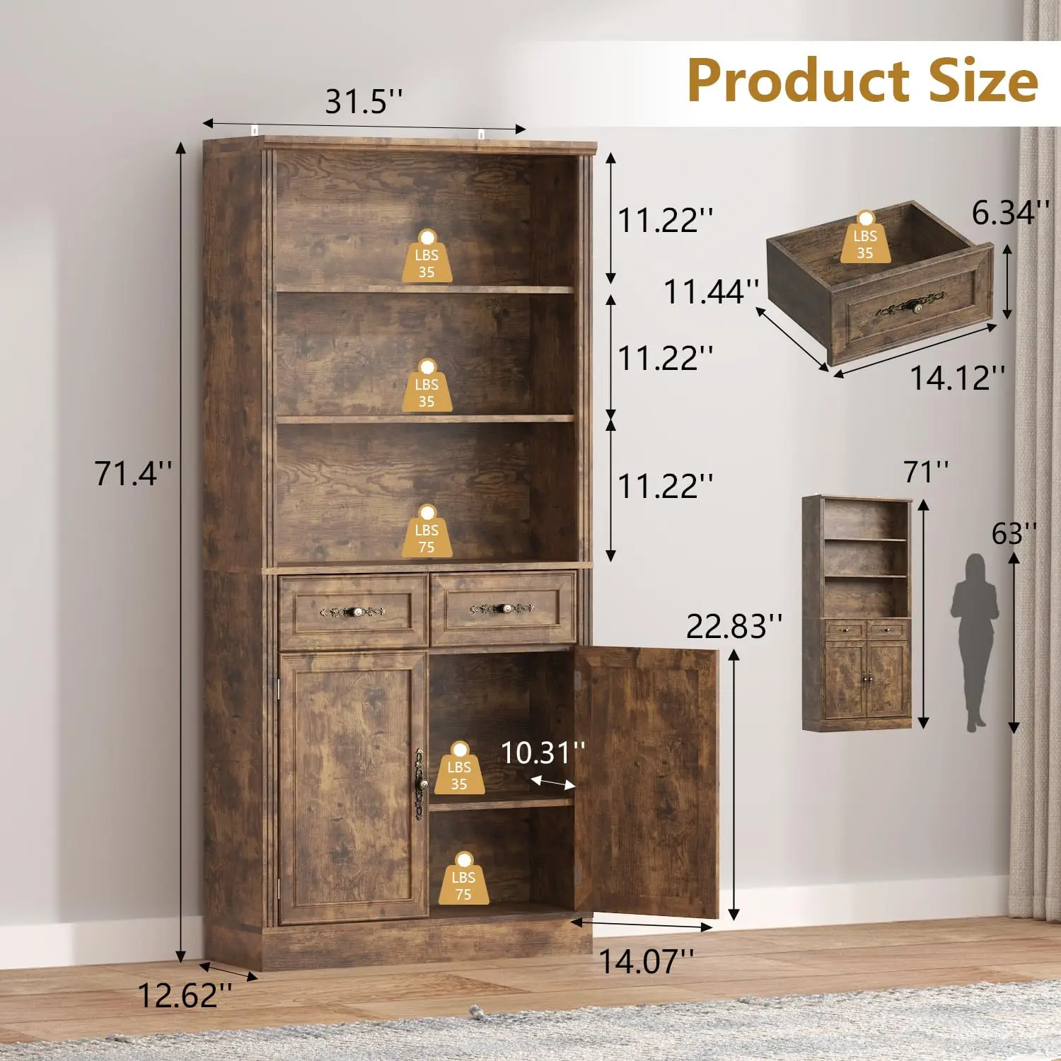 72'' Tall Bookcase with Doors and Drawers, Adjustable Shelves, P2 MDF Construction, 32'' Wide Freestanding Cabinet, Customized