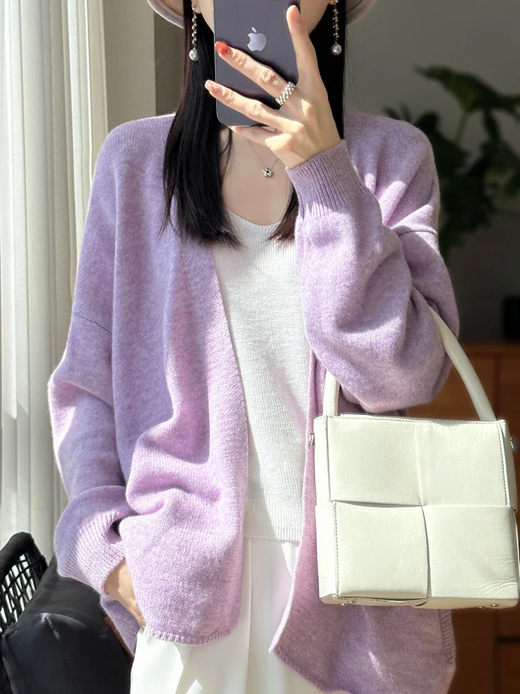 ADDONEE Women Cashmere Sweater Casual Loose Cappa Cardigan Autumn Winter 100% Merino Wool Knitwear Korean Popular Clothing Tops