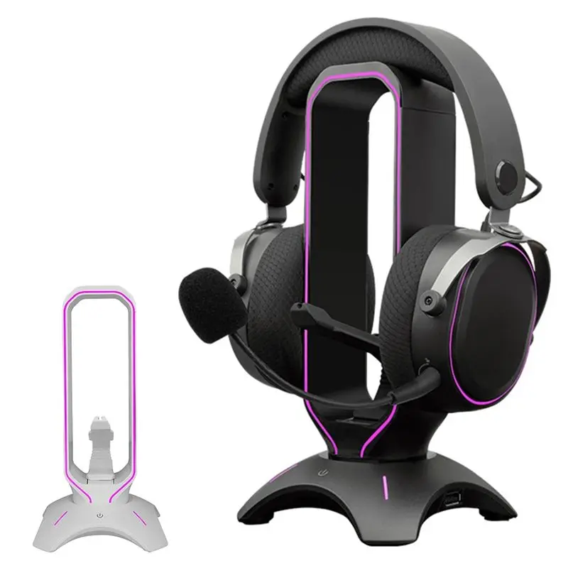B27B RGB Gaming Headphone Stand Over-Ear Headset Holder With Mouse Bungee Cord Shelf For Desk Display White view 3
