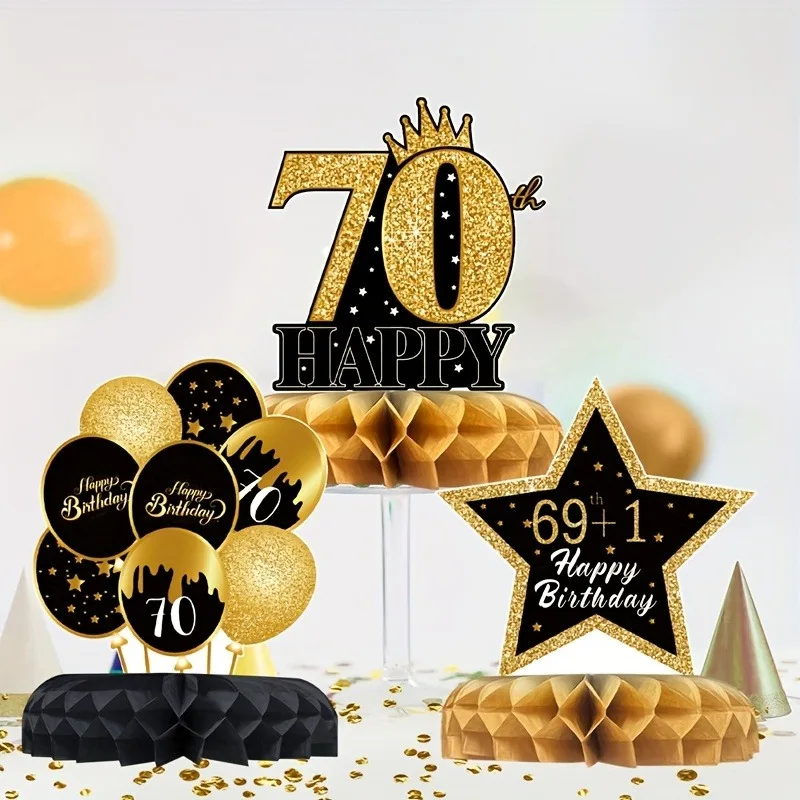 70. Geburtstag Wabendekor-Set, Schwarz-Gold Themen-Tischdekoration mit Kronen- & Champagner-Design für Geburtstagsfeier – Detail 4