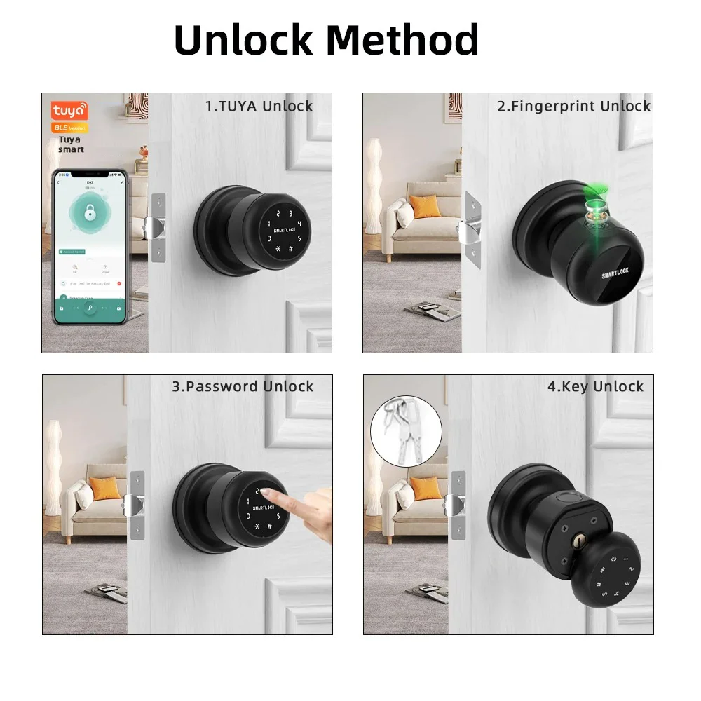 Tuya Bluetooth Fingerprint Smart Door Lock Biometric With Mechanical Key/Password/APP Unlock Easy Replacement Keyless Entry