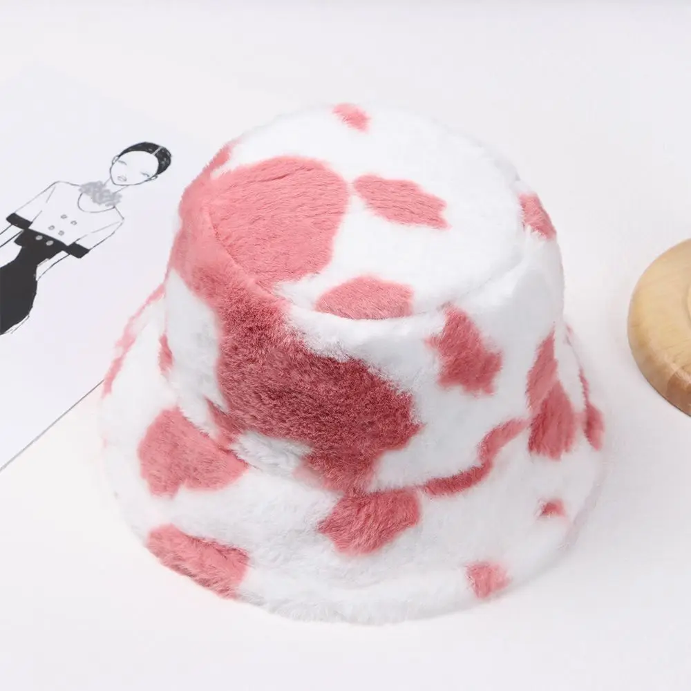 Cow Stripe Bucket Hat Outdoor Warm Soft Sun Cap Plush Winter Panama Hat Men Women