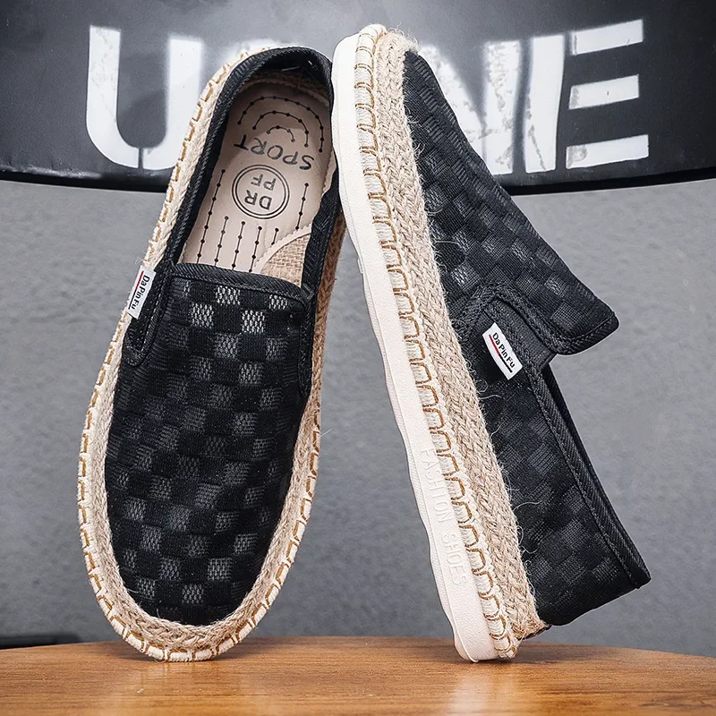 男性靴ファッションデザイナーキャンバスカジュアルシューズ男チェック柄通気性スリッポンローファー若い男性フラット漁師の靴男性のための