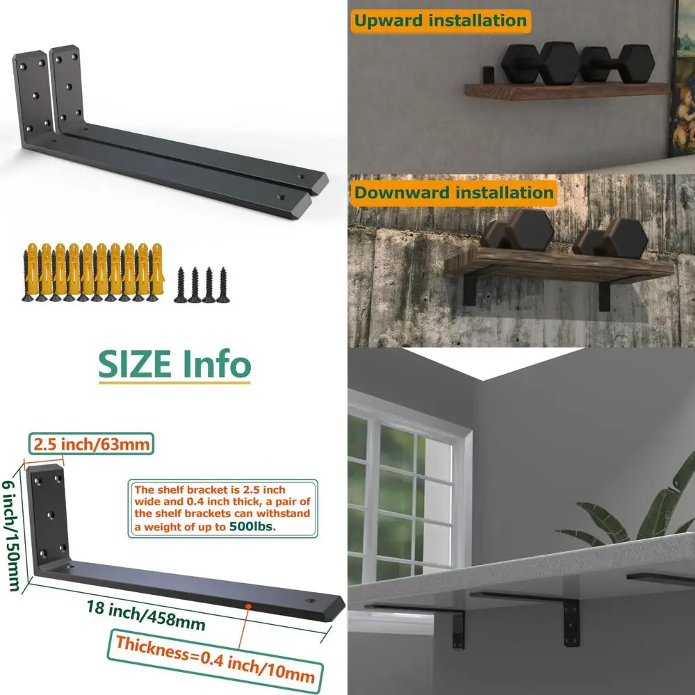 

Heavy Duty Industrial Metal L-Shaped Shelf Brackets, Black, 18 Inch Countertop Support for Strong and Hidden Mounting