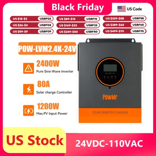 PowMr 2400W 순수 사인파 인버터 24VDC ~ 110V/120VAC 50A PWM 충전 컨트롤러 최대 PV 80VDC 태양광 인버터 오프 그리드 시스템