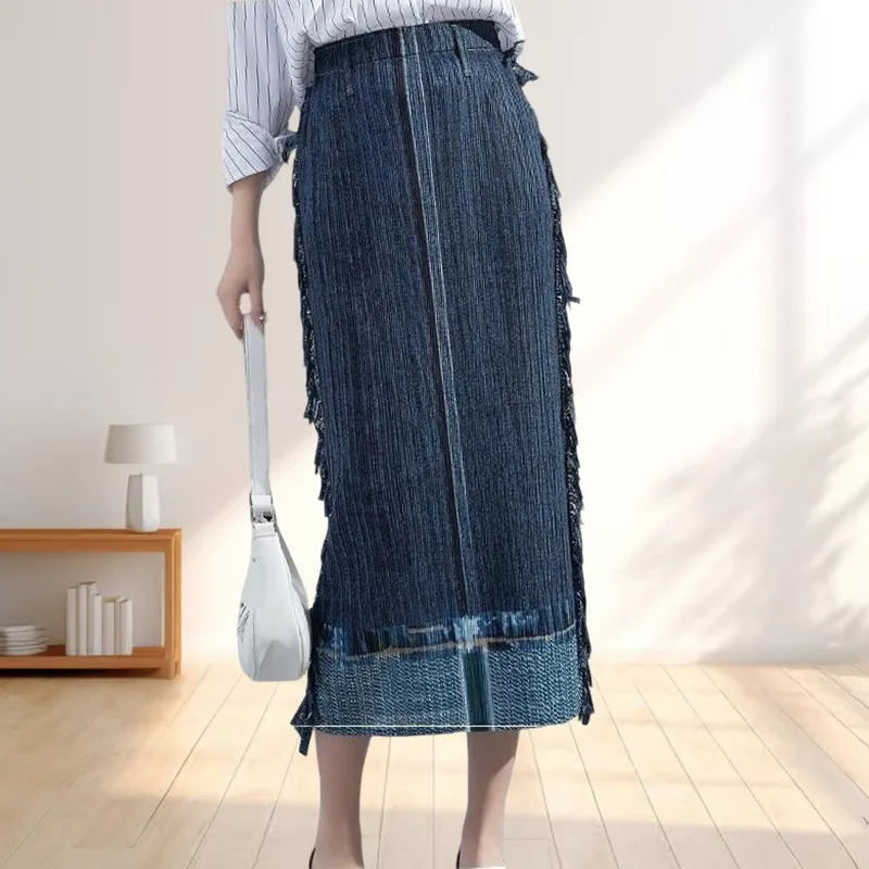 

Miyake Pleated Summer New Half-skirt Denim Slim Thin Casual Tassel Pleated Long Skirt Simple Loose Elastic Women's Clothing