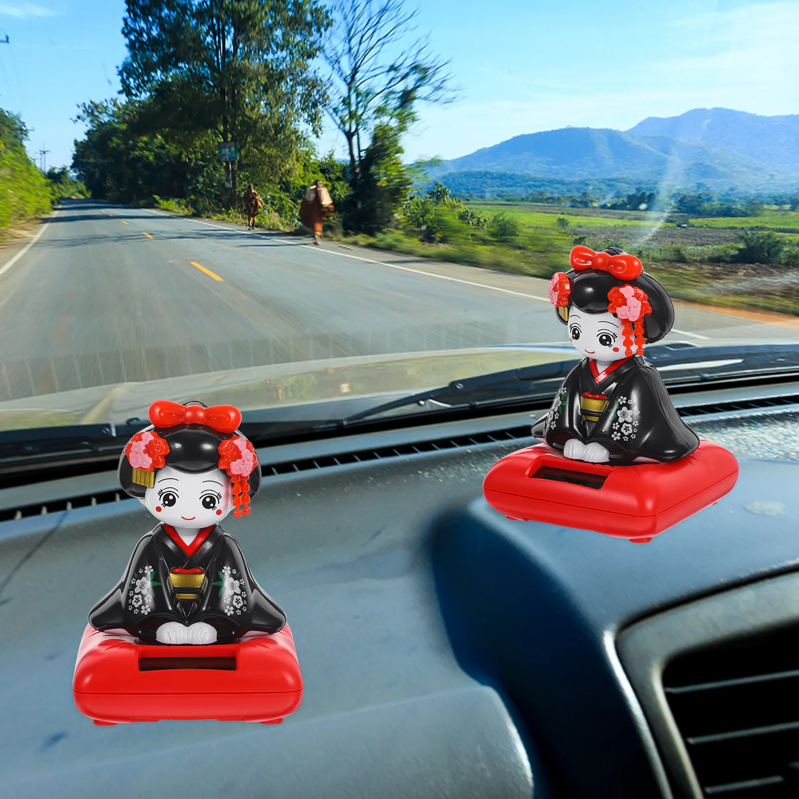 Animal bailando chica Bobblehead Mini juguetes pequeño kimono decoración asiento rojo Solar