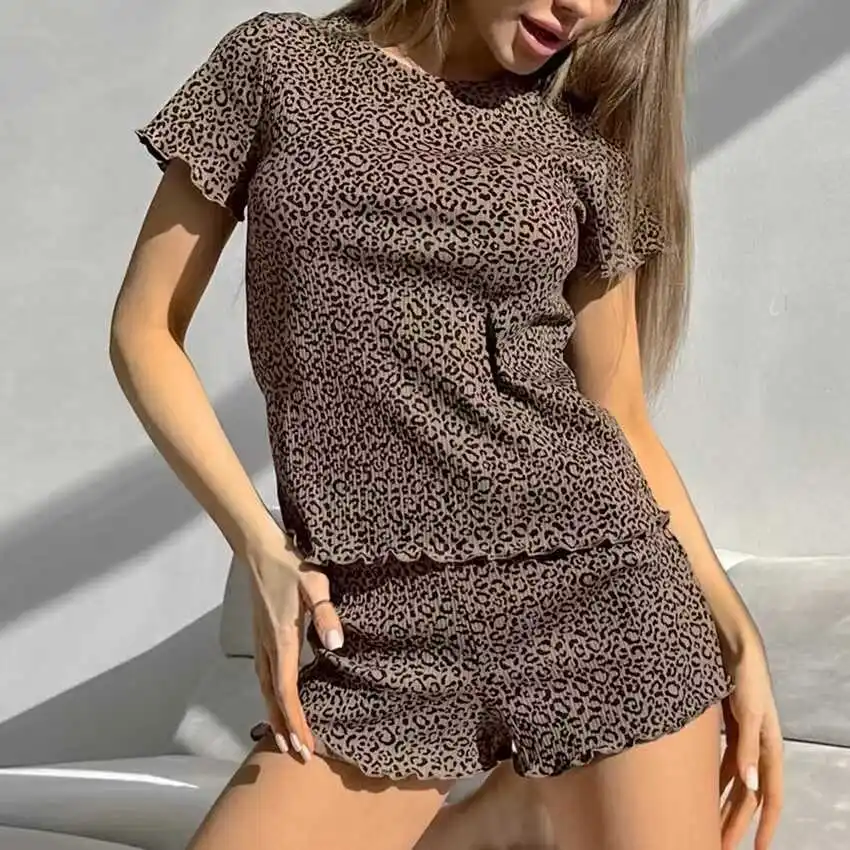 

Комплект из топа и orts с леопардовым принтом, домашняя одежда, женский повседневный летний модный круглый удобный костюм Ne ort Sve Home
