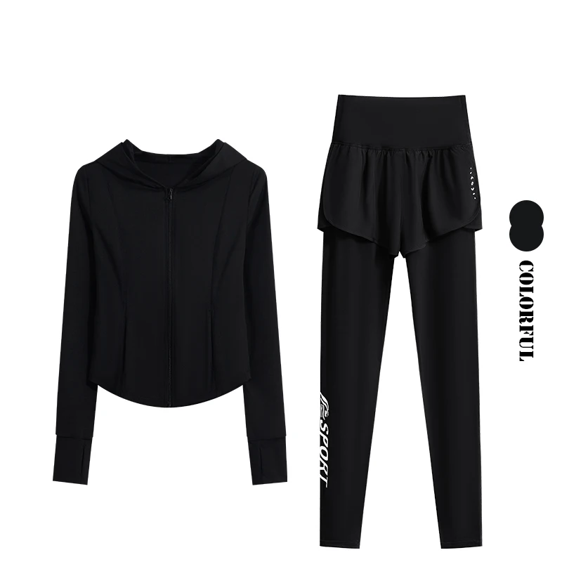 DRUR 2pcs Sport Pant Sets Woman Tracksuit Long Sleeve Hooded Yoga Jackets Leggings Set Women Sportswear Jogger Running Outfits