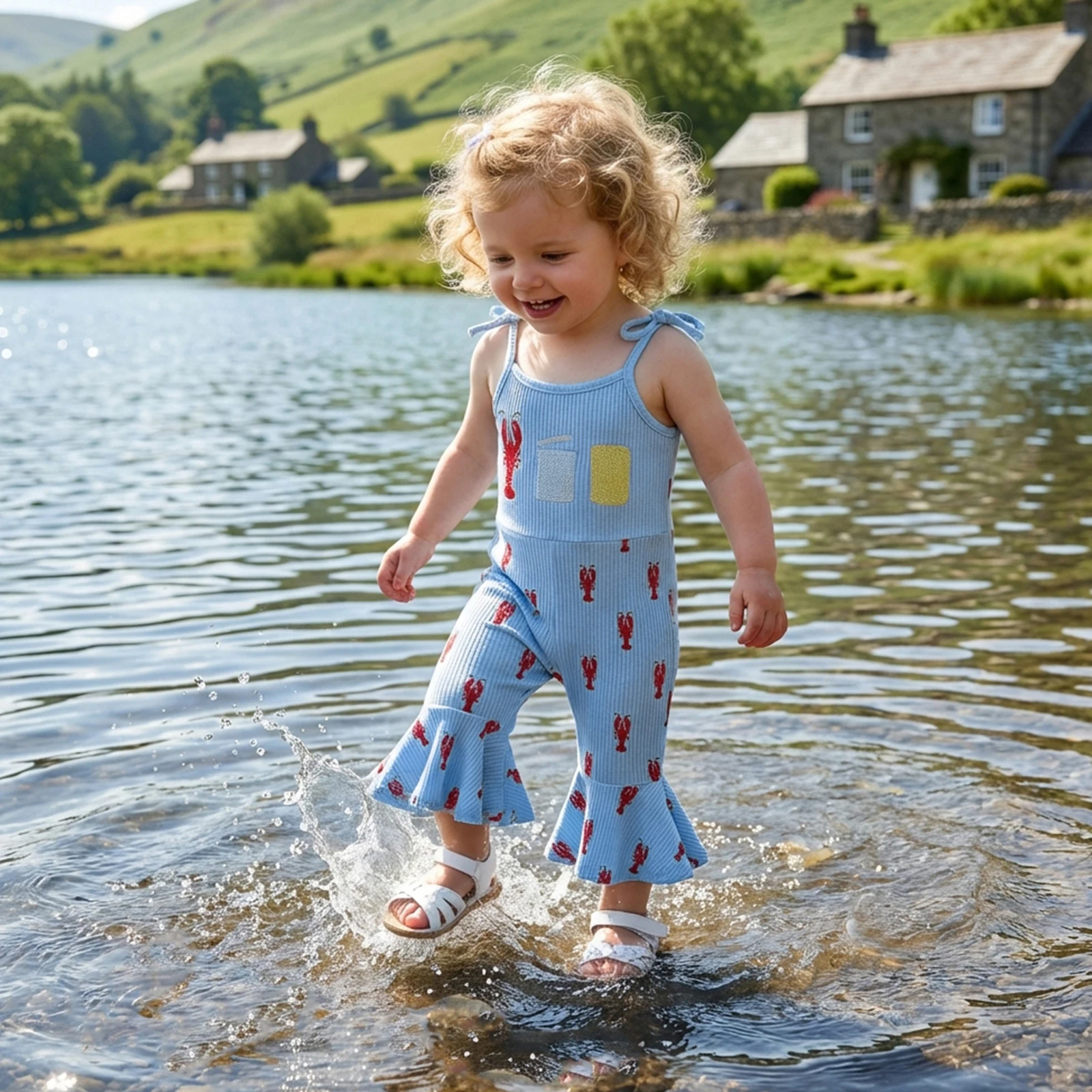 

Toddler Baby Girl Jumpsuit Cute Lobster Embroidery Sleeveless Bell Bottom Overall Pants