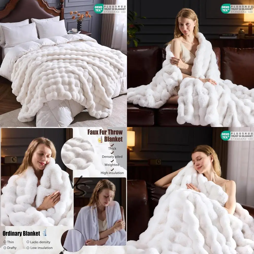 

Luxury Plush Faux Fur Blanket, Soft Cozy Shaggy Throw for Sofa, 90x90 Inches Beige