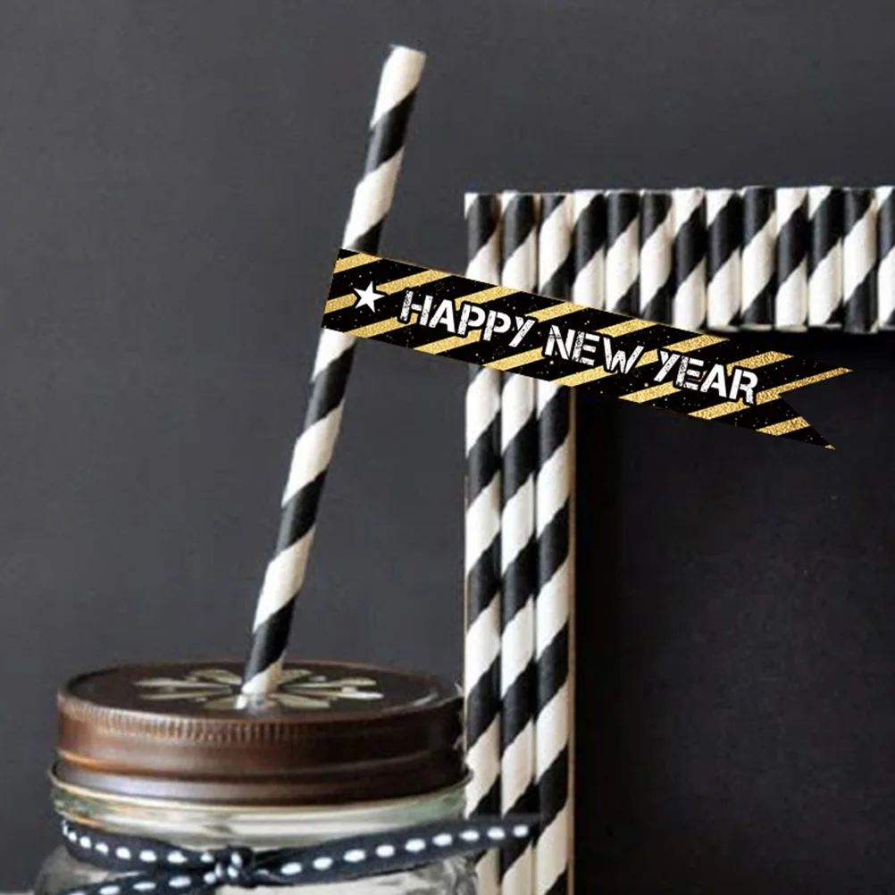 

1 set New Year Straw Stickers Happy Decal Party Supplies Cartoon Decorative Straws DIY Craft Gift Ideas festive holiday