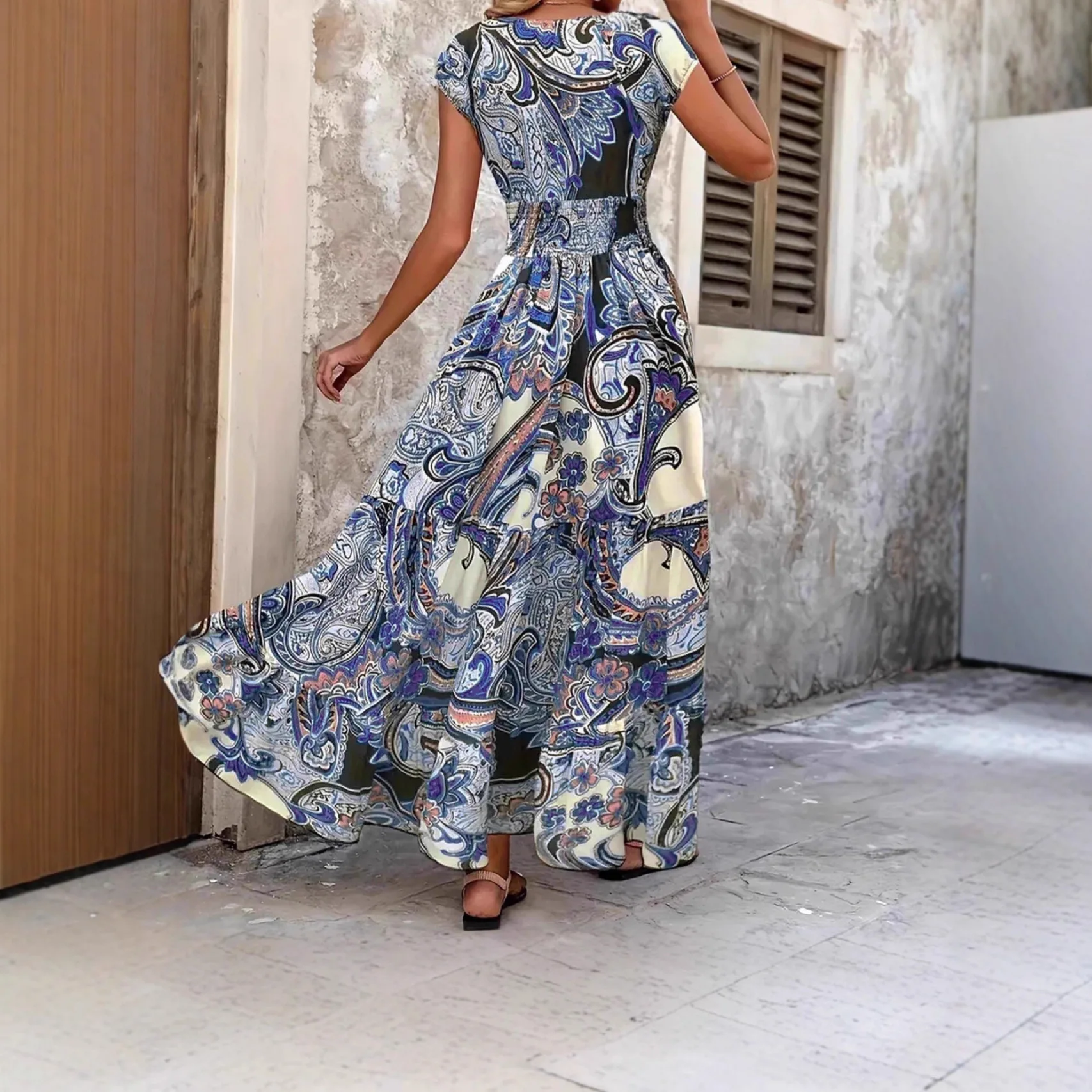 Summer Plus Size Women's V-Neck Short Sleeve Dress Independent Station Best Selling Paisley Print Long Dress