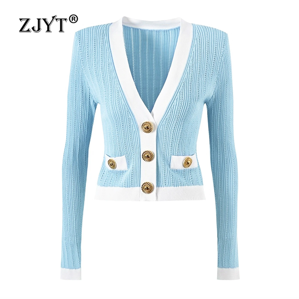 

ZJYT Single Breated V Neck Knitted Cardigan Tops for Women Long Sleeve Sweaters Autumn Knitwears Jersey Fashion Female Clothing