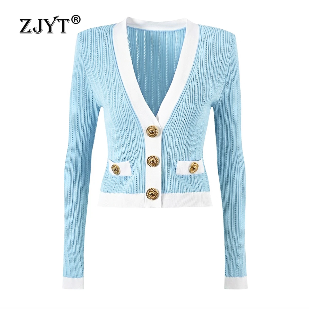 ZJYT Single Breated V Neck Knitted Cardigan Tops for Women Long Sleeve Sweaters Autumn Knitwears Jersey Fashion Female Clothing