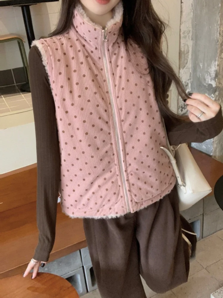 

Spring New Sle Slimming Pink Stand Collar Lamb Fur Vest Double Sided Corduroy Polka Dot Women's Jaet Casual Faion