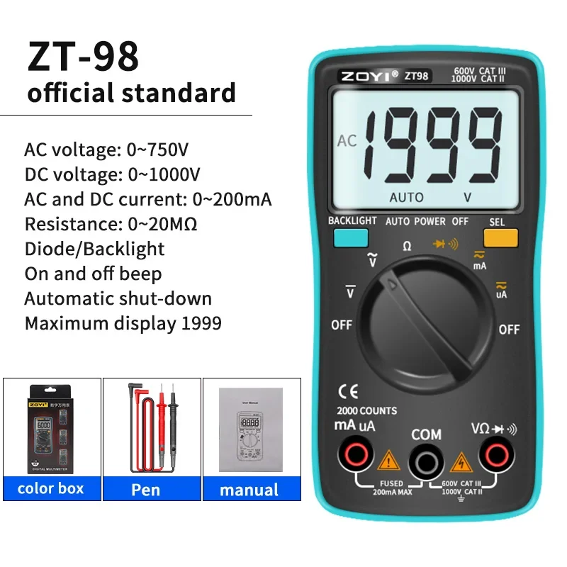 Digital Multimeter AC/DC current voltage 2000 count Resistance Frequency backlight Meter voltage Diode Frequency ZT98