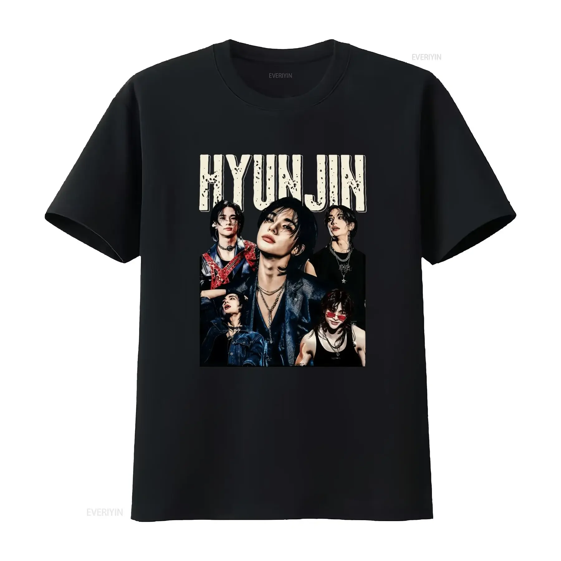 Vintage Streetwear Hyunjin Kpop Idol Collage Print Casual T Shirt vintage Washed Versatile fashion Soft Stretched