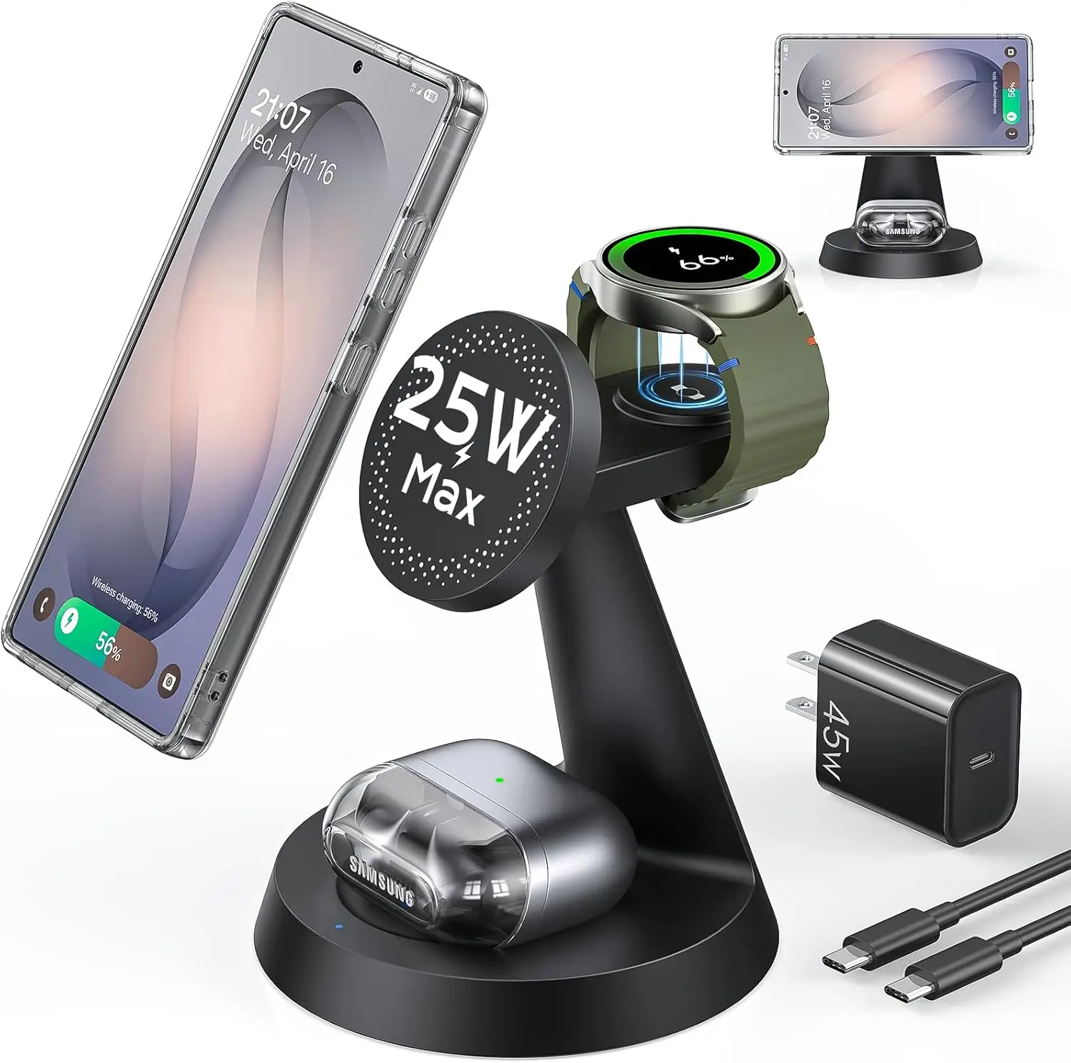 

3 in 1 Magnetic Wireless Charger for Samsung, 25W Fast Charging Stand for Galaxy S26 Ultra, Watch Ultra 8 7, with 45W Adapter