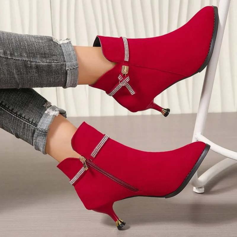 Damen High Heels Schuhe Elegante Wildleder Spitzpumps Stilettos Elegante Kurze Stiefel Mode Luxus Kristall für Frauen Herbst – Detail 4