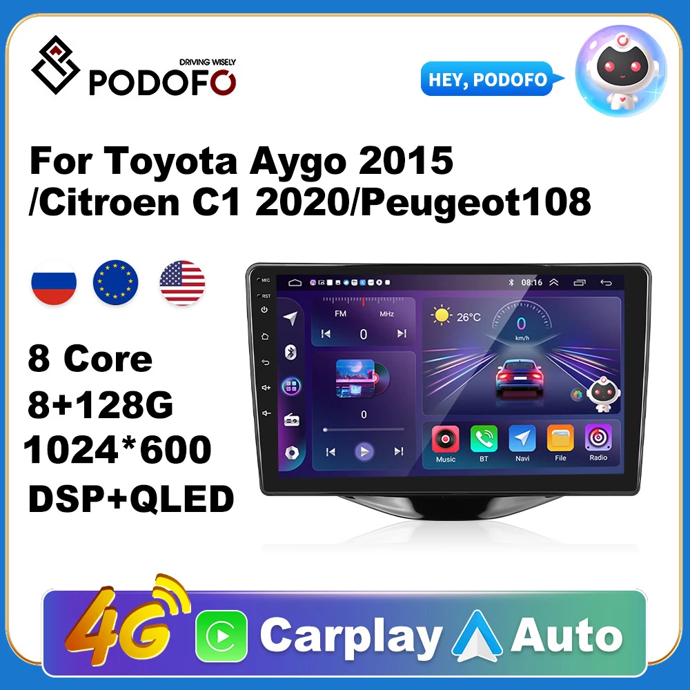 

Podofo Wireless CarPlay Andorid Auto Car Radio For Toyota Aygo 2015/Citroen C1 2020/Peugeot108 Multimedia GPS 2din autoradio