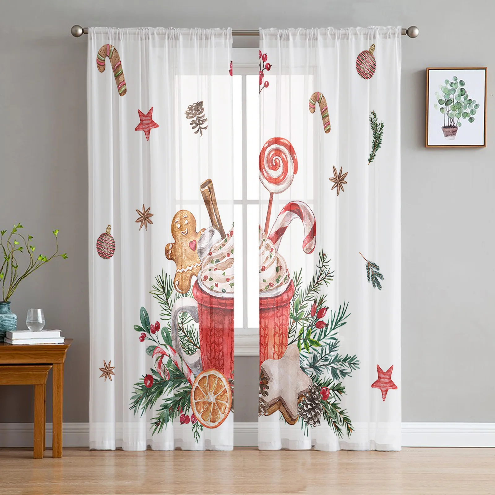 Christmas Poinsettia Gingerbread Man Sheer Curtains Christmas Home Decorations Window Tulle Curtains for Living Room Bedroom