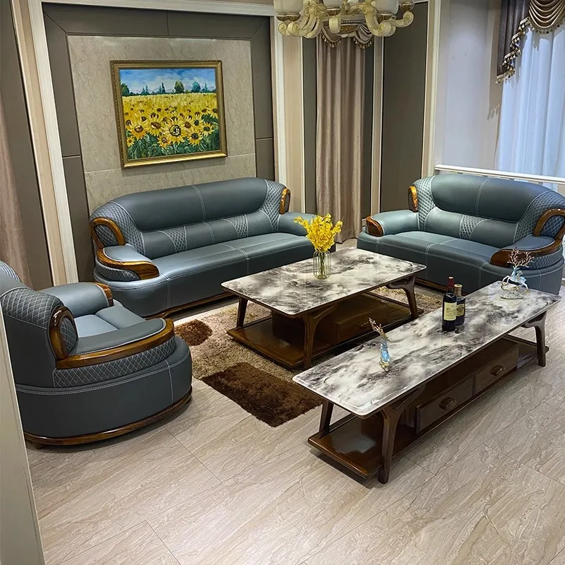 New Chinese style, ebony leather sofa, modern simple solid wood combination