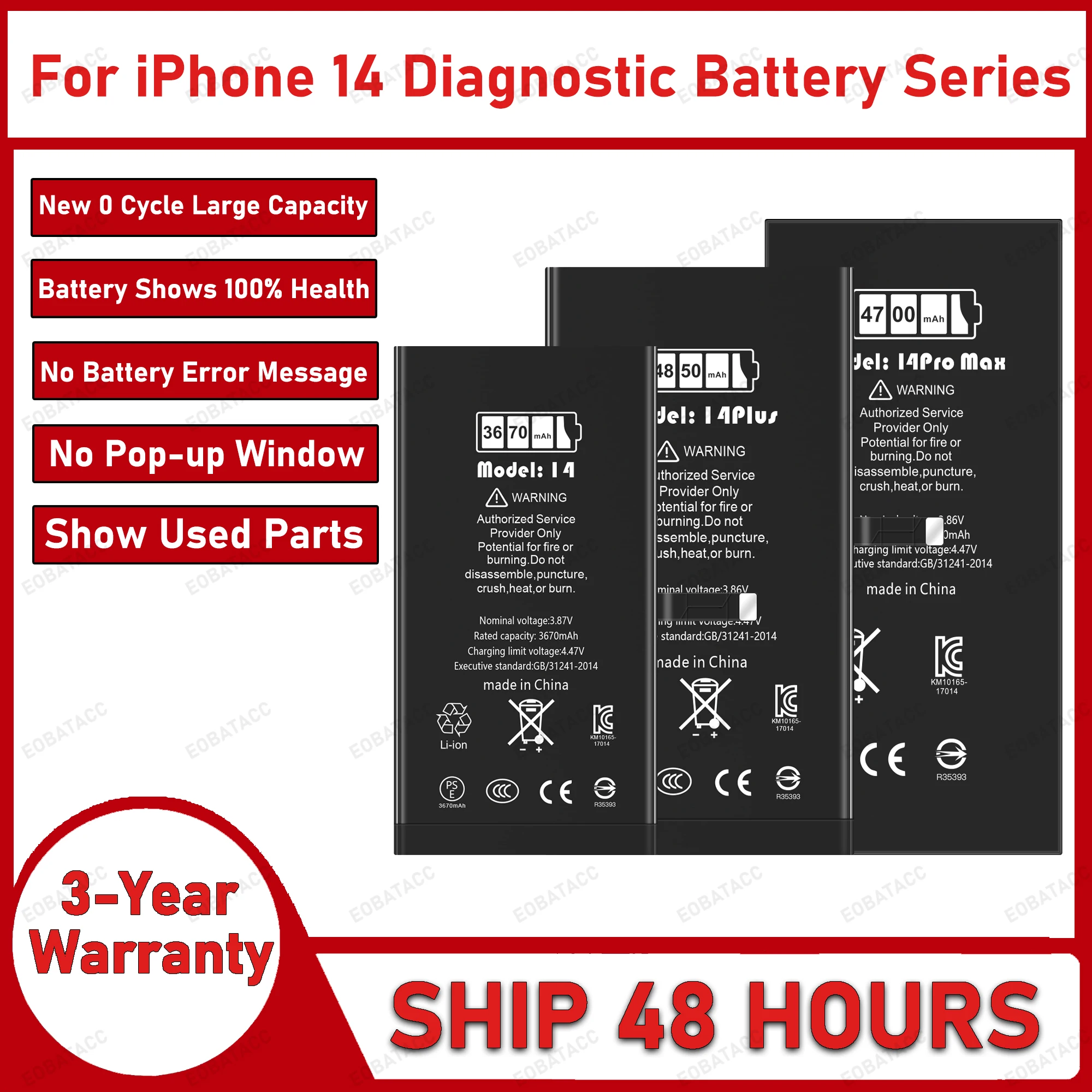

2025 Years 100% New Diagnostic Battery no error message no pop up for iphone 14 14 Pro max 14 PLus battery replacement+Free Tool