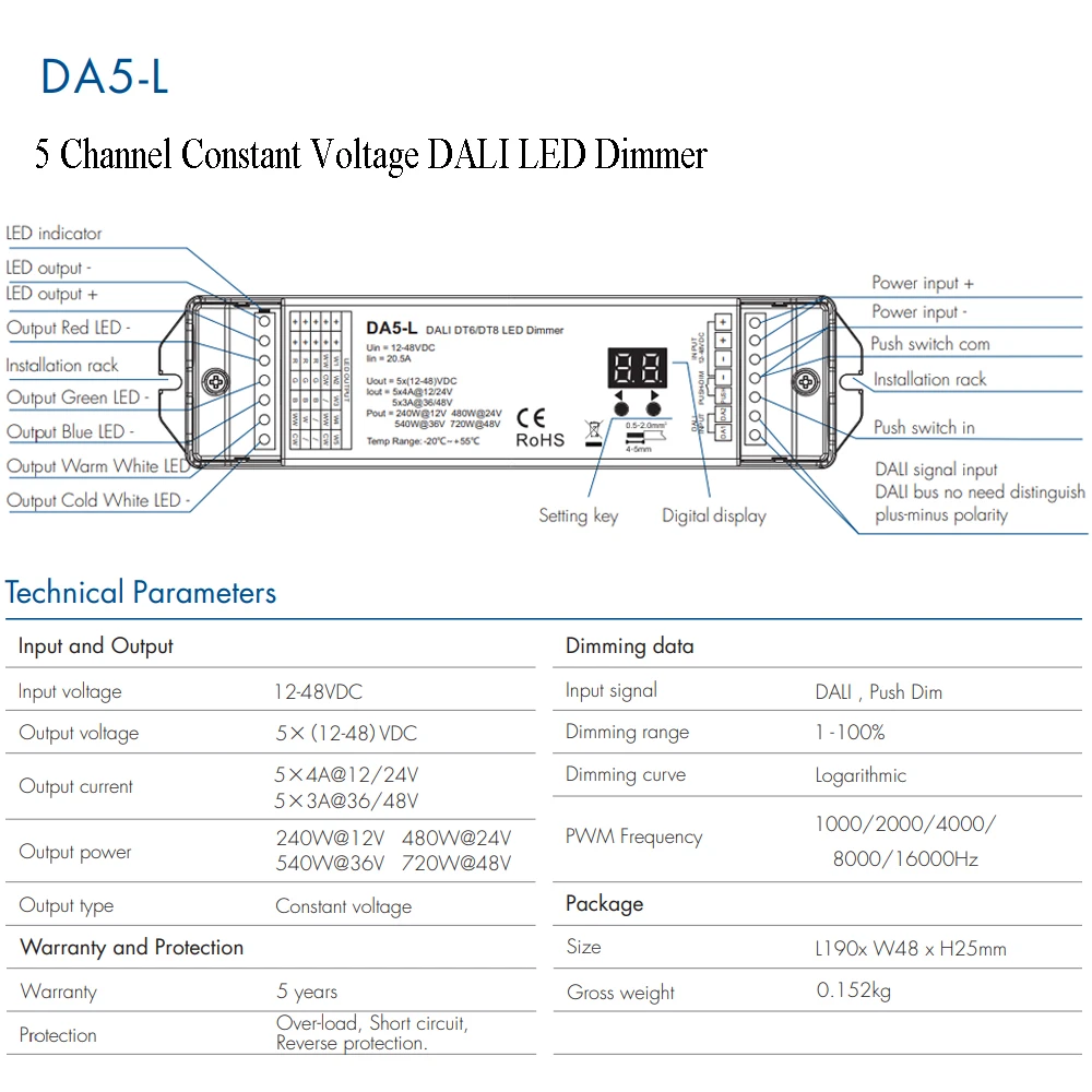 5 Channel Constant Voltage DALI LED Dimmer DT6 DT8 5 CH Independent Dimming With Push Switch Dimming Features 12V 24V LED Strip
