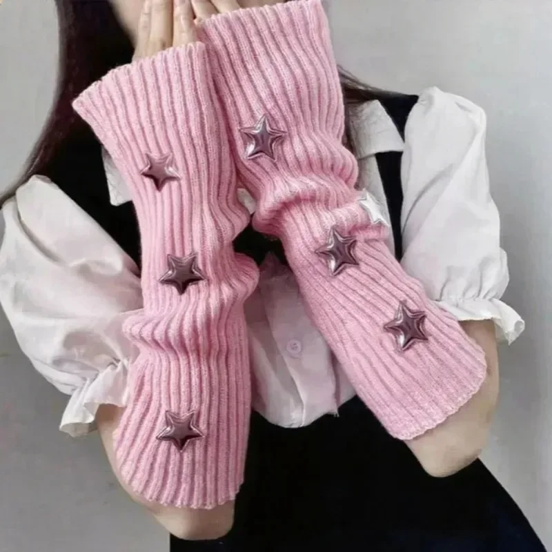 ถุงมือยาวแบบไม่มีนิ้ว สไตล์ Y2K ปลอกแขนถักไหมพรม ปลอกแขนกันหนาว สีดำ สีขาว ถุงมือครึ่งนิ้ว