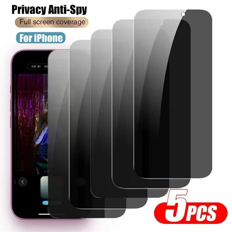 5 عبوات من واقيات الشاشة المصنوعة من الزجاج المقوى للخصوصية لهاتف iPhone 11 12 13 14 15 16 17 Pro Max XR X شاشة مضادة للتجسس ومضادة للكسر